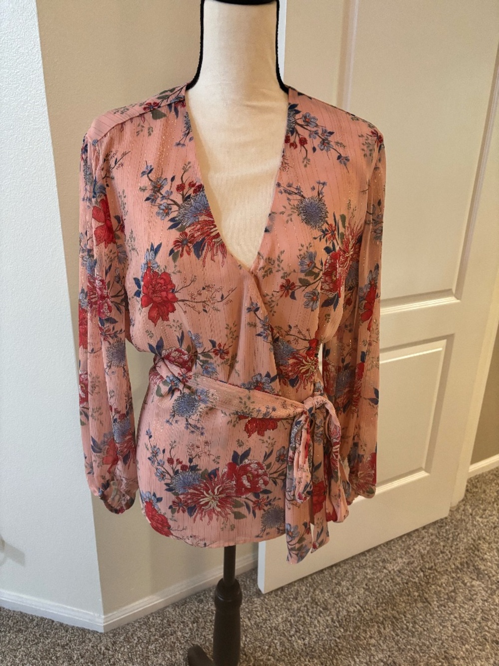 Pink floral wrap blouse with tie waist